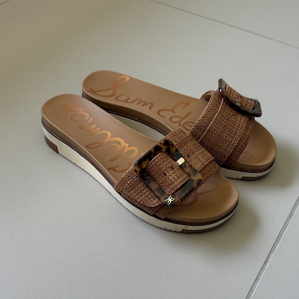 Sam Edelman Brown Slide Sandals with Tortoiseshell Buckles - Picture 2 of 2